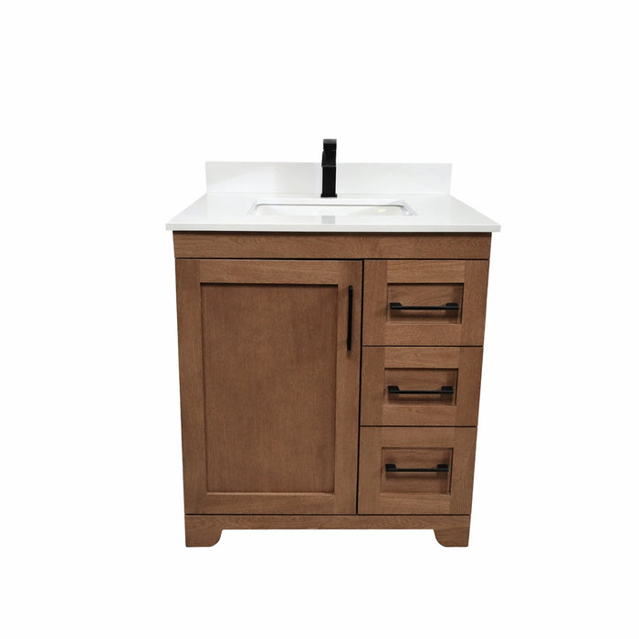 CANADIAN MAPLE - 30"  Right Side Drawers, Tuscan Calo stain  Floor Standing Bathroom Vanity With Quartz Countertop - Construction Commodities Supply Inc.