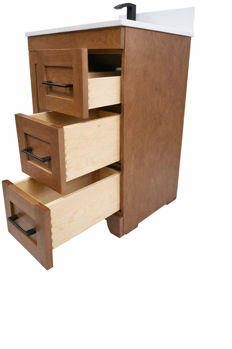 CANADIAN MAPLE - 30"  Right Side Drawers, Tuscan Calo stain  Floor Standing Bathroom Vanity With Quartz Countertop - Construction Commodities Supply Inc.