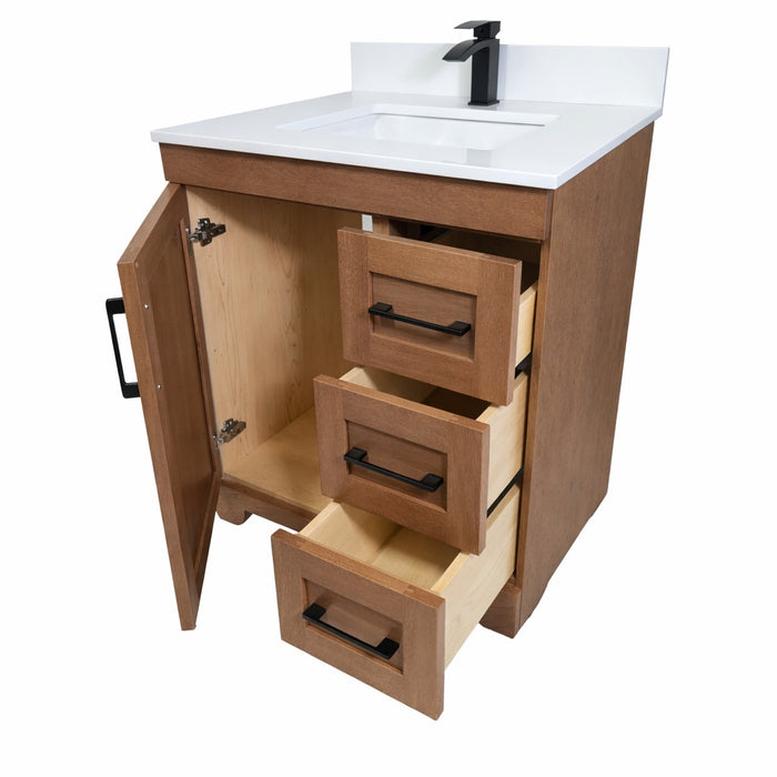 CANADIAN MAPLE - 30"  Right Side Drawers, Tuscan Calo stain  Floor Standing Bathroom Vanity With Quartz Countertop - Construction Commodities Supply Inc.