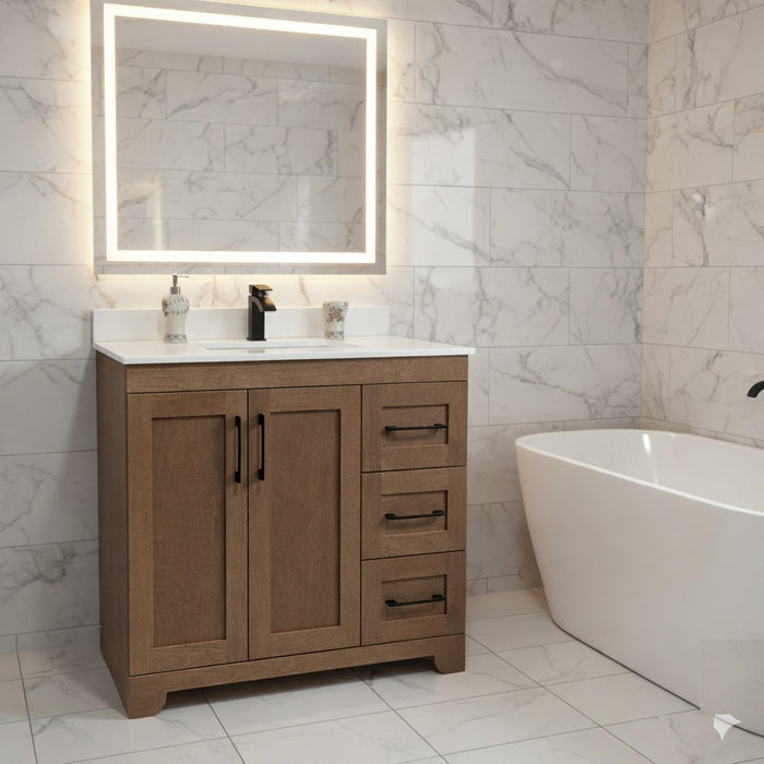 CANADIAN MAPLE - 42" Right Side drawers, Tuscan Calo Stain Bathroom Vanity With Quartz Countertop - Construction Commodities Supply Inc.
