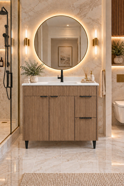 MILANO 42 Inch Light Walnut Bathroom Vanity with Quartz Countertop, Right Side Drawers - Construction Commodities Supply Inc.
