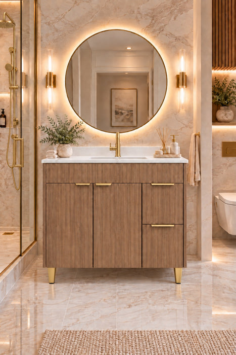 MILANO 42 Inch Light Walnut Bathroom Vanity with Quartz Countertop, Right Side Drawers