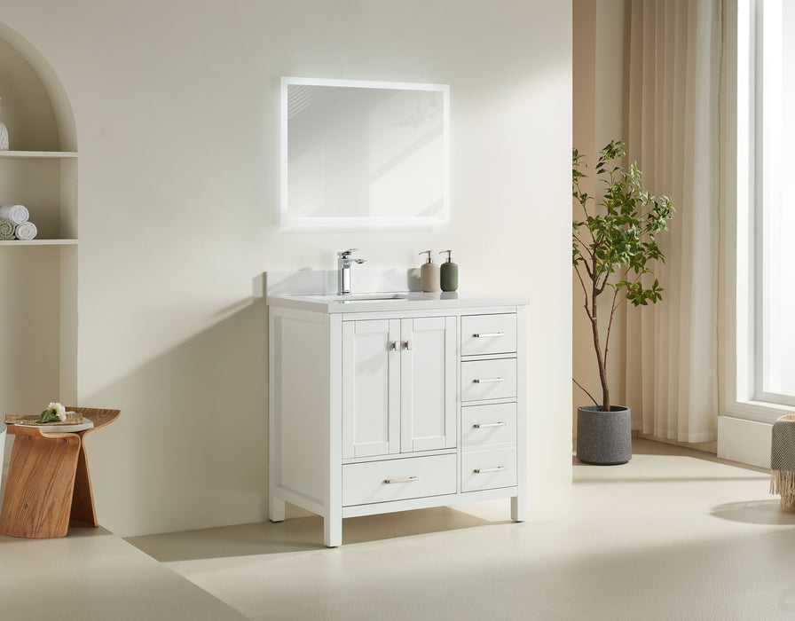 Rose- 36" White , Floor Standing Modern Bathroom Vanity, White Quartz Countertop