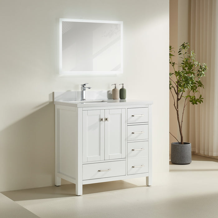 Rose- 36" White , Floor Standing Modern Bathroom Vanity, White Quartz Countertop