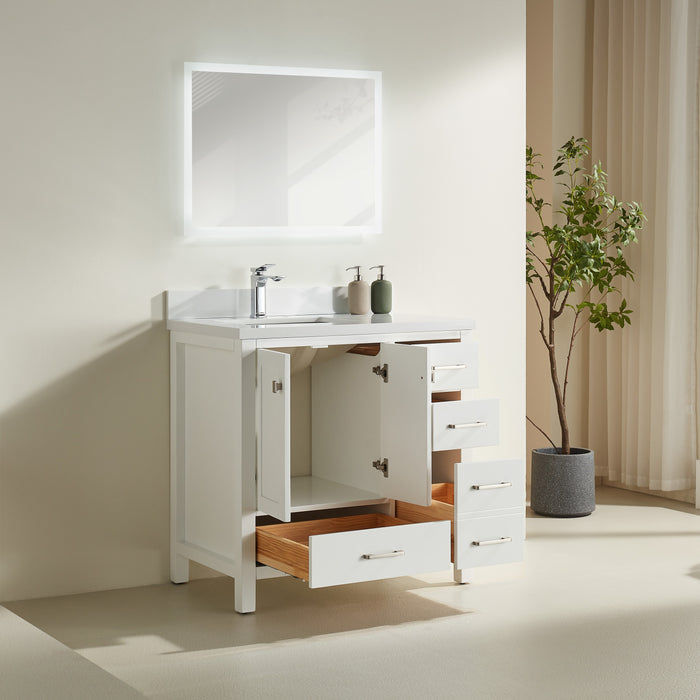 Rose- 36" White , Floor Standing Modern Bathroom Vanity, White Quartz Countertop