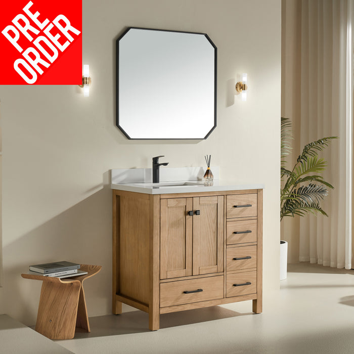 Rose- 36" Antique Oak , Floor Standing Modern Bathroom Vanity, White Quartz Countertop ** PRE ORDER NOW/ ETA:2024-11-29 **