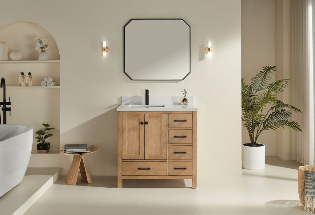 Rose- 36" Antique Oak , Floor Standing Modern Bathroom Vanity, White Quartz Countertop ** PRE ORDER NOW/ ETA:2024-11-29 **