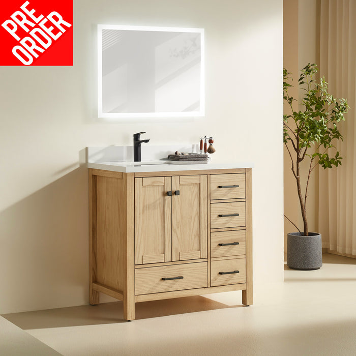 Rose- 36" White Oak , Floor Standing Modern Bathroom Vanity, White Quartz Countertop *** PRE - ORDER NOW, ETA: 2025-02-10 ***