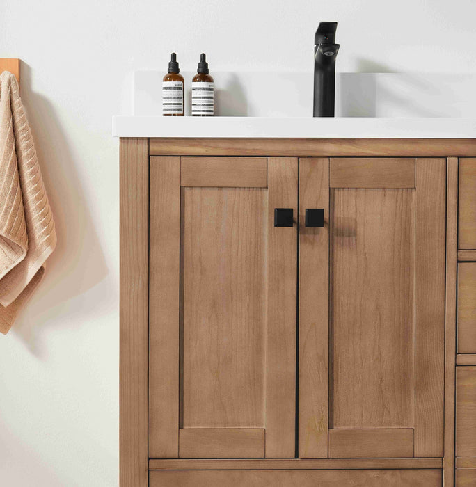 Rose- 36" Antique Oak ,Left Side Sink, Solid Wood Floor Standing Modern Bathroom Vanity, White Quartz Countertop