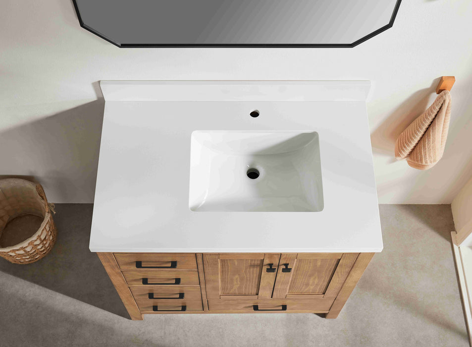 Rose- 36" Antique Oak ,Right Side Sink, Solid Wood Floor Standing Modern Bathroom Vanity, White Quartz Countertop