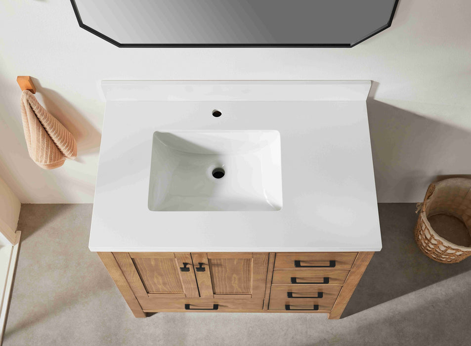 Rose- 36" Antique Oak ,Left Side Sink, Solid Wood Floor Standing Modern Bathroom Vanity, White Quartz Countertop