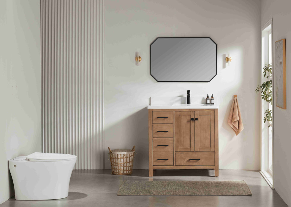 Rose- 36" Antique Oak ,Right Side Sink, Solid Wood Floor Standing Modern Bathroom Vanity, White Quartz Countertop