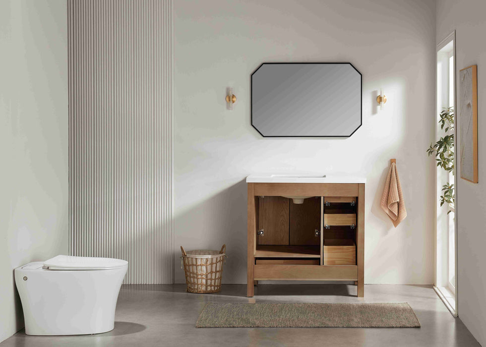 Rose- 36" Antique Oak ,Right Side Sink, Solid Wood Floor Standing Modern Bathroom Vanity, White Quartz Countertop