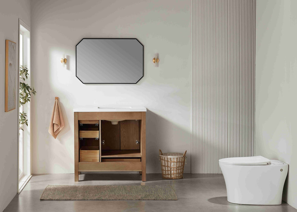 Rose- 36" Antique Oak ,Left Side Sink, Solid Wood Floor Standing Modern Bathroom Vanity, White Quartz Countertop