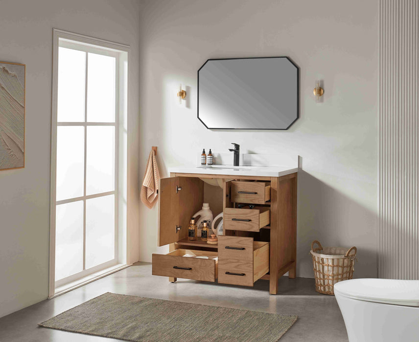 Rose- 36" Antique Oak ,Left Side Sink, Solid Wood Floor Standing Modern Bathroom Vanity, White Quartz Countertop