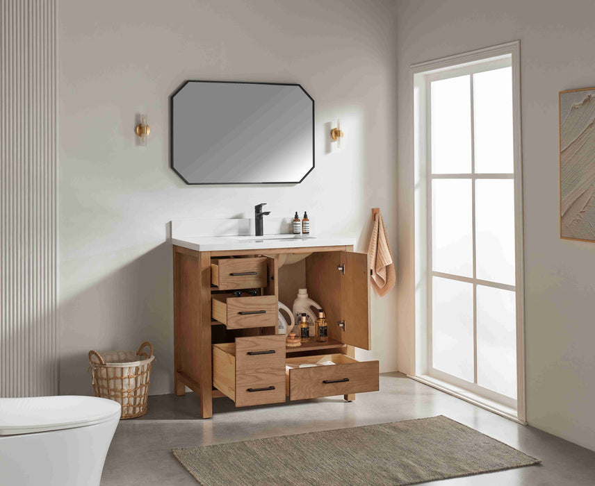 Rose- 36" Antique Oak ,Right Side Sink, Solid Wood Floor Standing Modern Bathroom Vanity, White Quartz Countertop