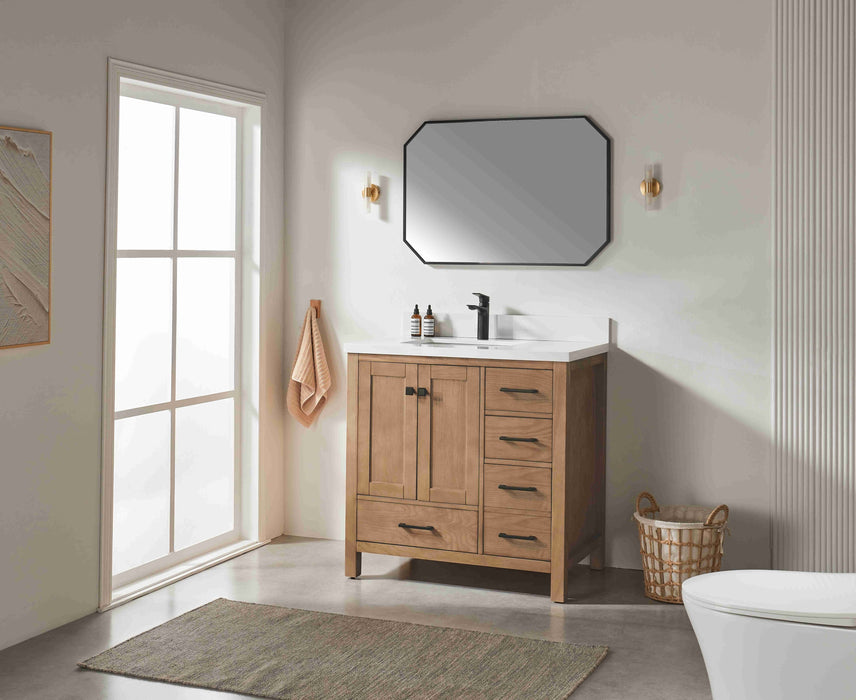Rose- 36" Antique Oak ,Left Side Sink, Solid Wood Floor Standing Modern Bathroom Vanity, White Quartz Countertop
