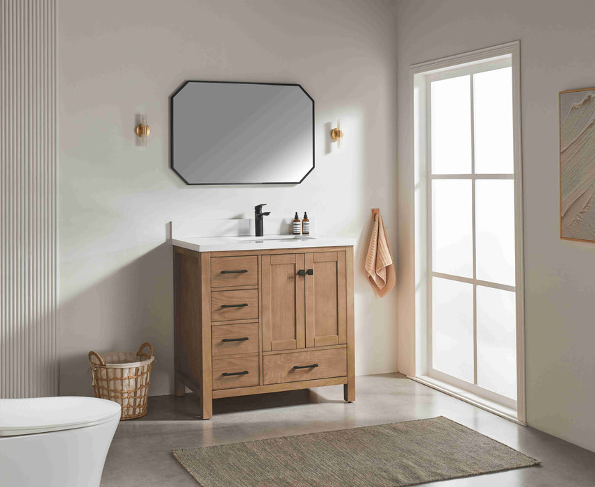 Rose- 36" Antique Oak ,Right Side Sink, Solid Wood Floor Standing Modern Bathroom Vanity, White Quartz Countertop