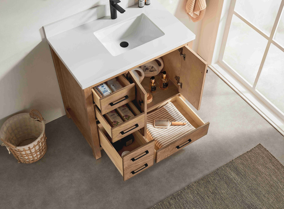 Rose- 36" Antique Oak ,Right Side Sink, Solid Wood Floor Standing Modern Bathroom Vanity, White Quartz Countertop