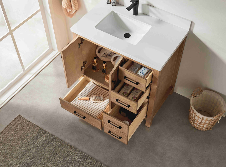Rose- 36" Antique Oak ,Left Side Sink, Solid Wood Floor Standing Modern Bathroom Vanity, White Quartz Countertop