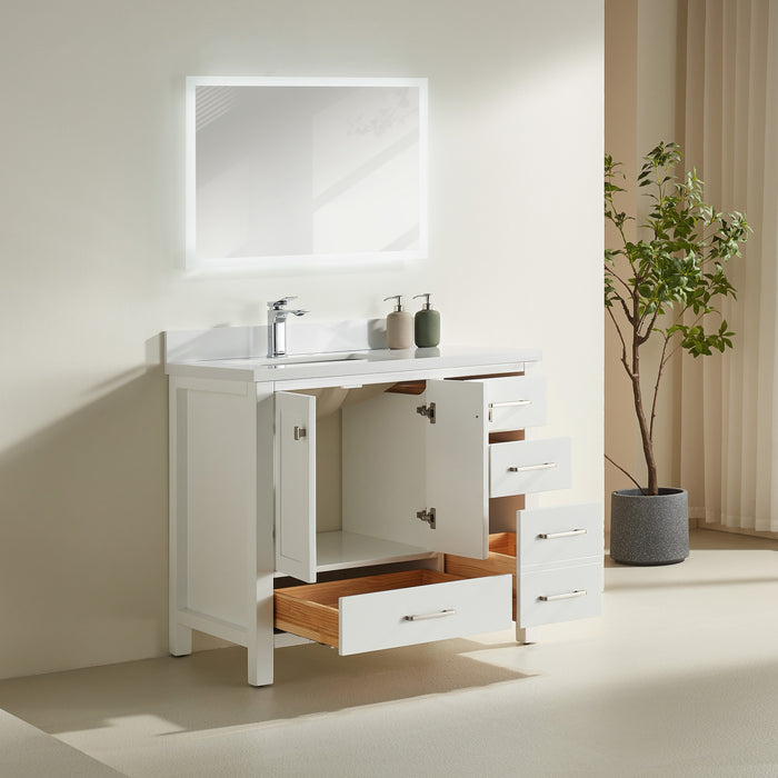 Rose - 42" White, Floor Standing Modern Bathroom Vanity , White Quartz Countertop