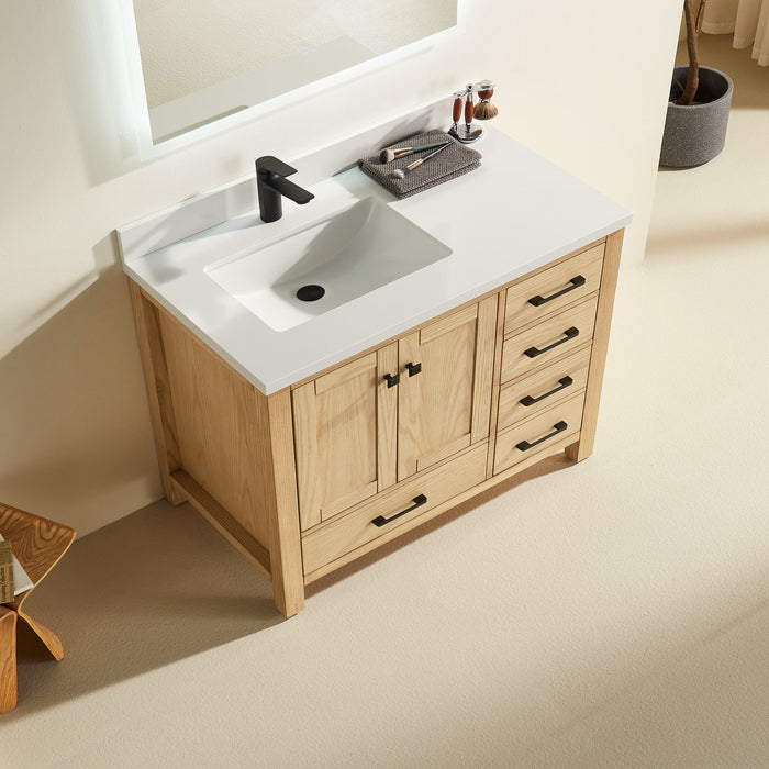 Rose- 42" White Oak , Floor Standing Modern Bathroom Vanity, White Quartz Countertop