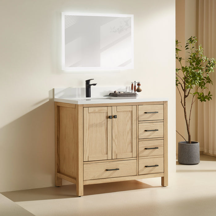 Rose- 42" White Oak , Floor Standing Modern Bathroom Vanity, White Quartz Countertop