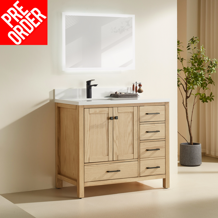 Rose- 42" White Oak , Floor Standing Modern Bathroom Vanity, White Quartz Countertop *** PRE - ORDER NOW , ETA: 2025-02-10 ***