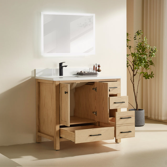 Rose- 42" White Oak , Floor Standing Modern Bathroom Vanity, White Quartz Countertop