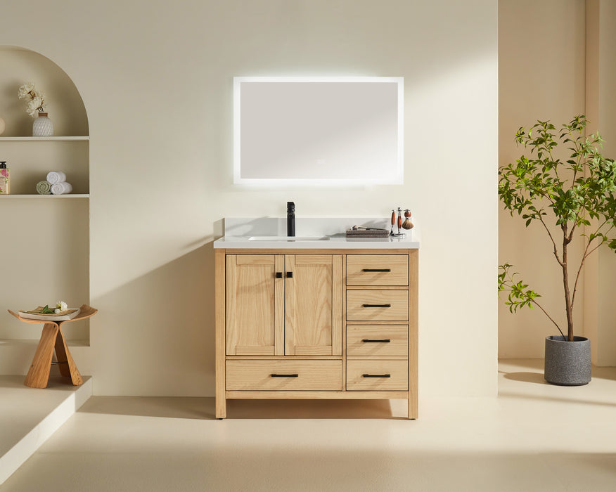 Rose- 42" White Oak , Floor Standing Modern Bathroom Vanity, White Quartz Countertop