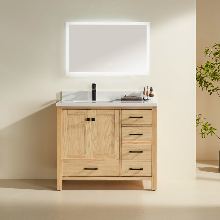 Rose- 42" White Oak , Floor Standing Modern Bathroom Vanity, White Quartz Countertop