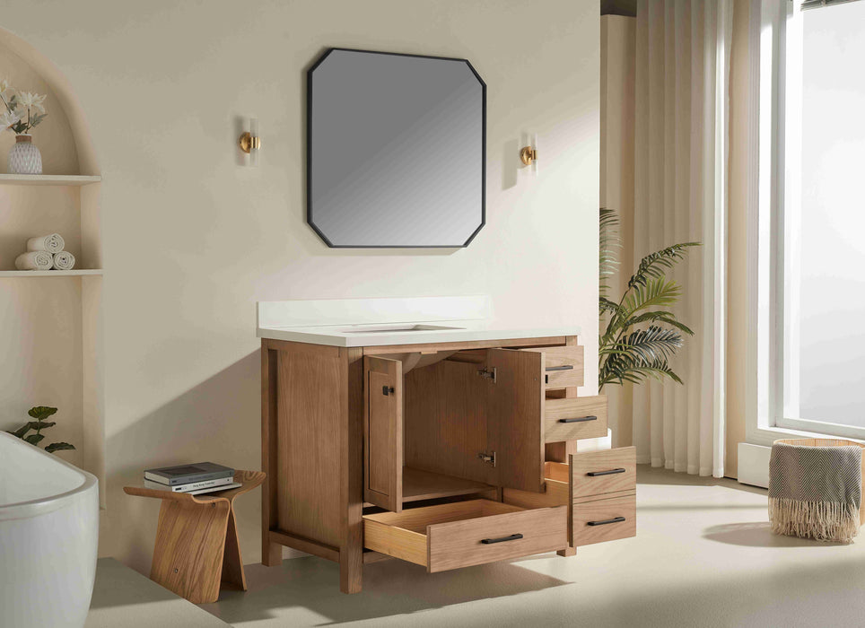 Rose- 42" Antique Oak ,Left Side Sink, Solid Wood Floor Standing Modern Bathroom Vanity, White Quartz Countertop