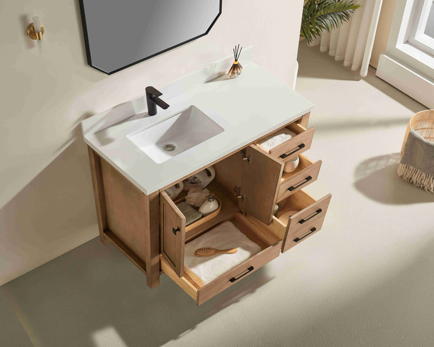 Rose- 42" Antique Oak ,Left Side Sink, Solid Wood Floor Standing Modern Bathroom Vanity, White Quartz Countertop