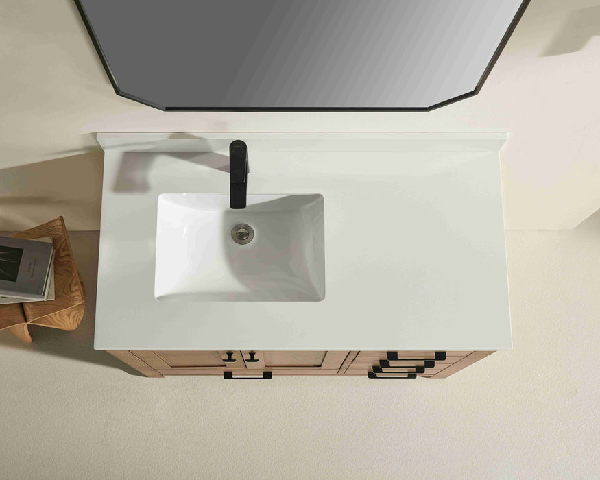 Rose- 42" Antique Oak ,Left Side Sink, Solid Wood Floor Standing Modern Bathroom Vanity, White Quartz Countertop