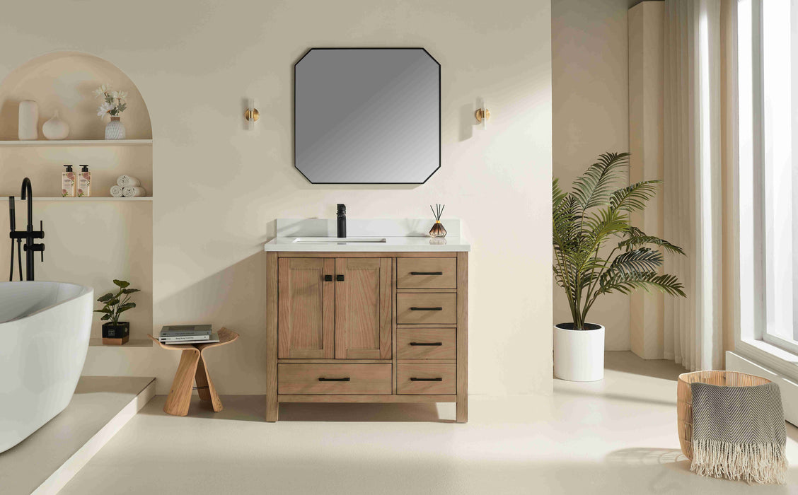Rose- 42" Antique Oak ,Left Side Sink, Solid Wood Floor Standing Modern Bathroom Vanity, White Quartz Countertop