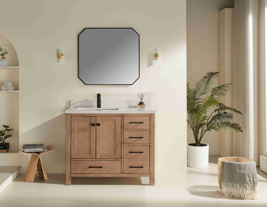 Rose- 42" Antique Oak ,Left Side Sink, Solid Wood Floor Standing Modern Bathroom Vanity, White Quartz Countertop