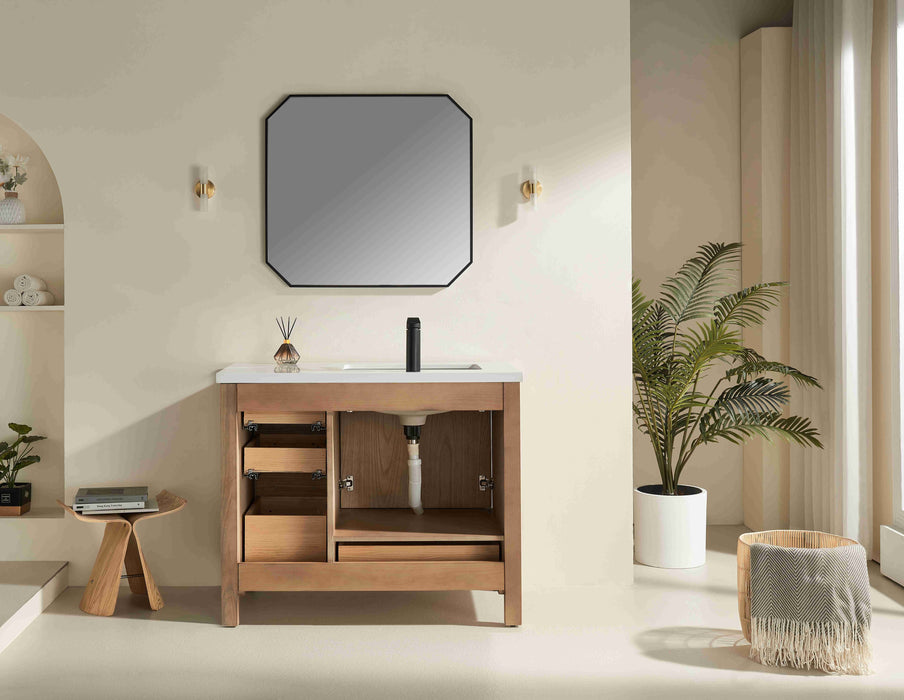 Rose- 42" Antique Oak ,Left Side Sink, Solid Wood Floor Standing Modern Bathroom Vanity, White Quartz Countertop