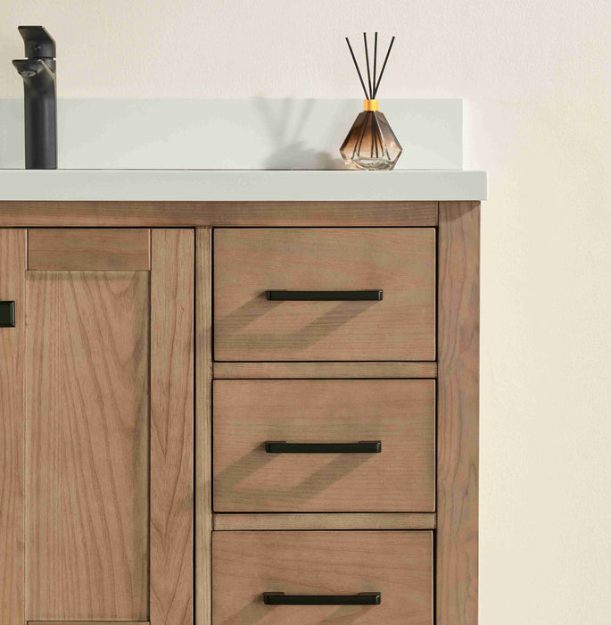 Rose- 42" Antique Oak ,Left Side Sink, Solid Wood Floor Standing Modern Bathroom Vanity, White Quartz Countertop
