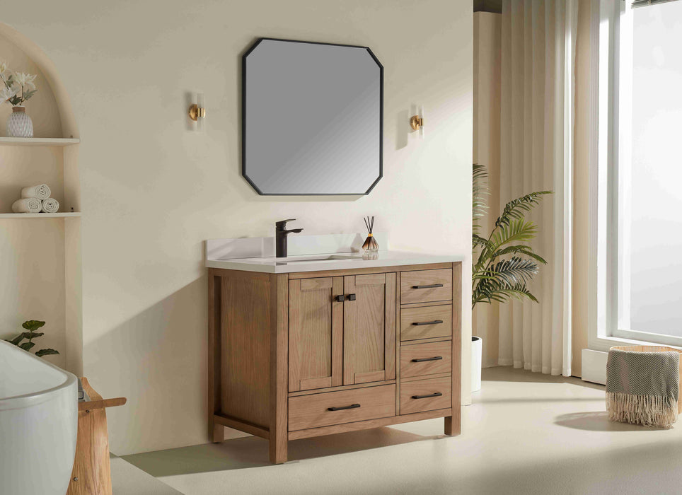 Rose- 42" Antique Oak ,Left Side Sink, Solid Wood Floor Standing Modern Bathroom Vanity, White Quartz Countertop