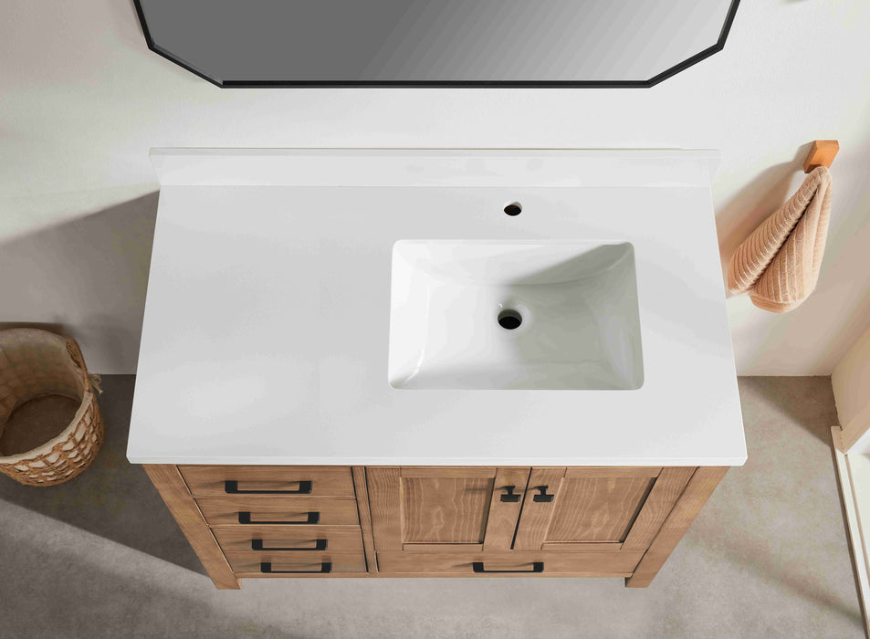 Rose- 42" Antique Oak ,Right Side Sink, Solid Wood Floor Standing Modern Bathroom Vanity, White Quartz Countertop