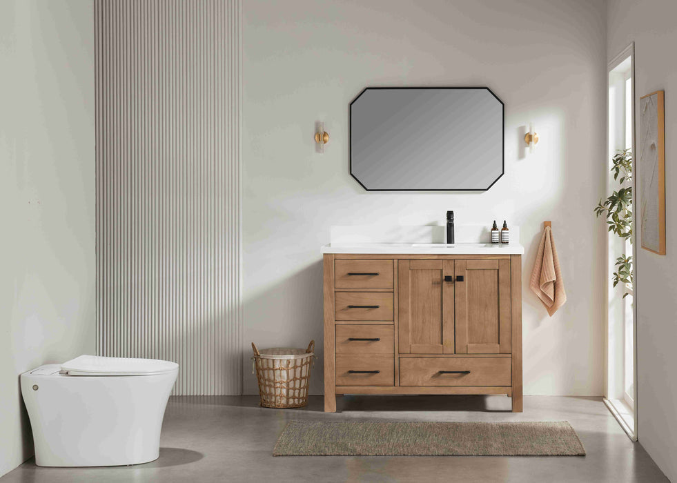 Rose- 42" Antique Oak ,Right Side Sink, Solid Wood Floor Standing Modern Bathroom Vanity, White Quartz Countertop