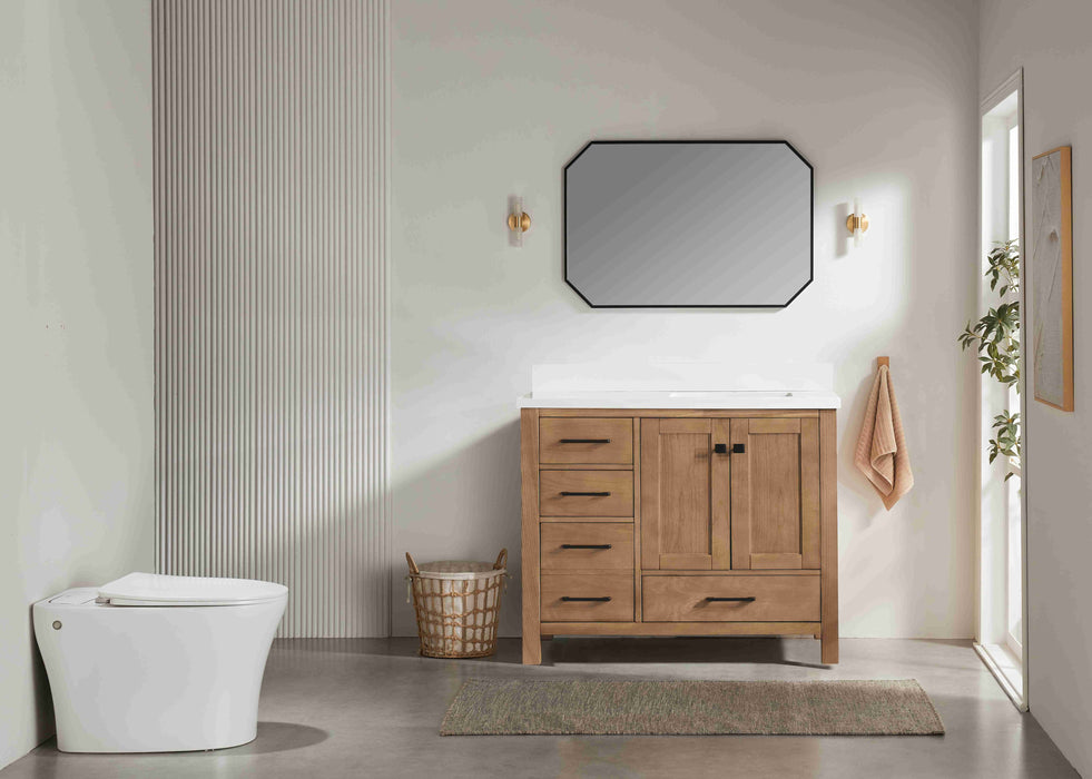 Rose- 42" Antique Oak ,Right Side Sink, Solid Wood Floor Standing Modern Bathroom Vanity, White Quartz Countertop