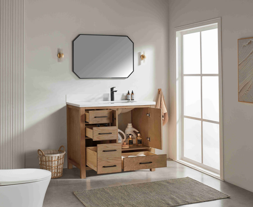 Rose- 42" Antique Oak ,Right Side Sink, Solid Wood Floor Standing Modern Bathroom Vanity, White Quartz Countertop