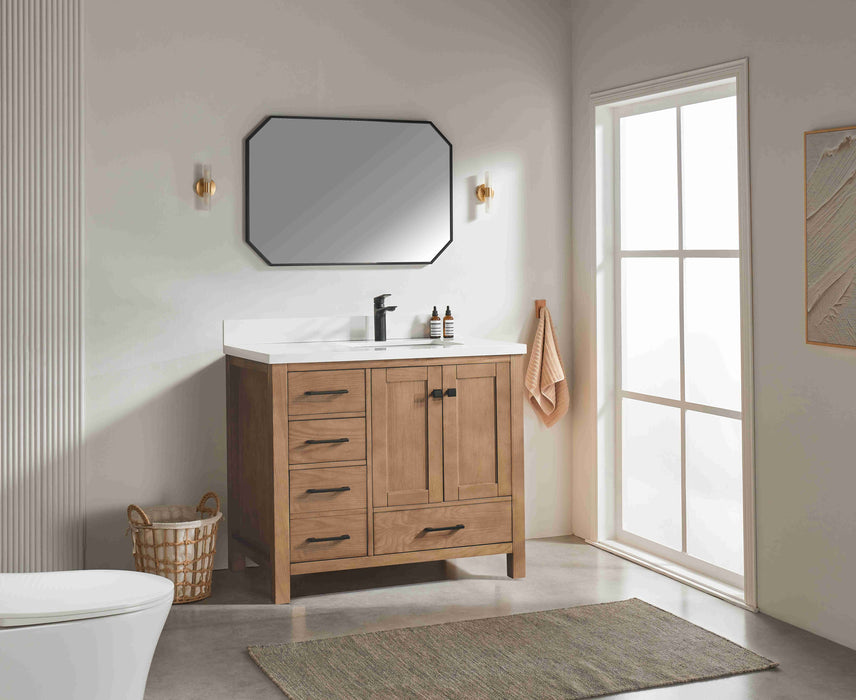 Rose- 42" Antique Oak ,Right Side Sink, Solid Wood Floor Standing Modern Bathroom Vanity, White Quartz Countertop