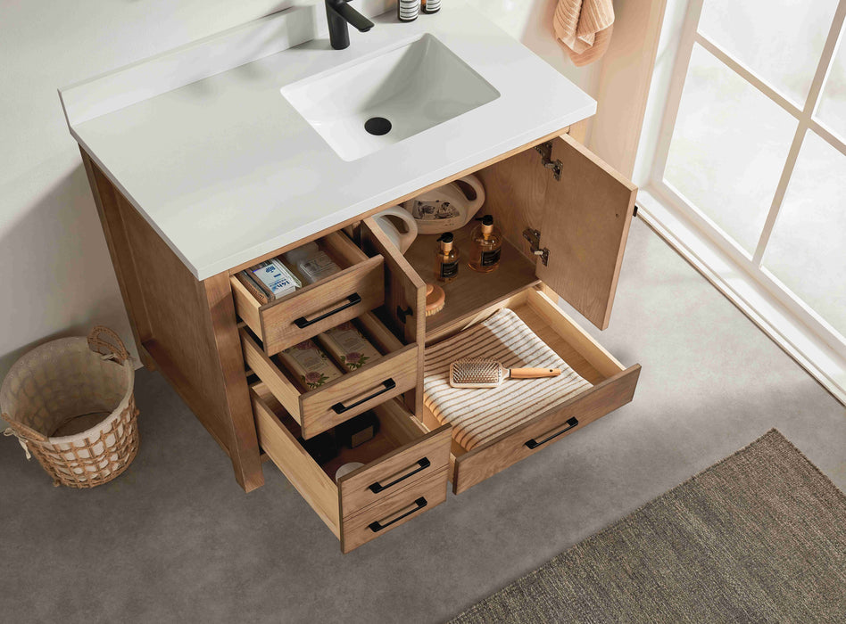 Rose- 42" Antique Oak ,Right Side Sink, Solid Wood Floor Standing Modern Bathroom Vanity, White Quartz Countertop