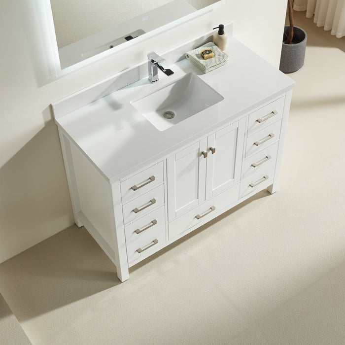 Rose - 48", White , Solid Wood Modern Bathroom Vanity, White Quartz Countertop