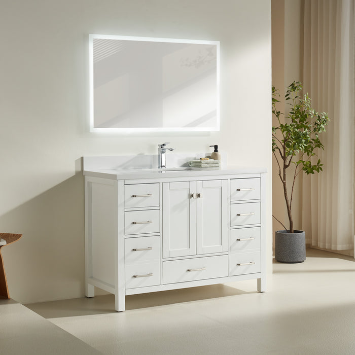 Rose - 48", White , Solid Wood Modern Bathroom Vanity, White Quartz Countertop