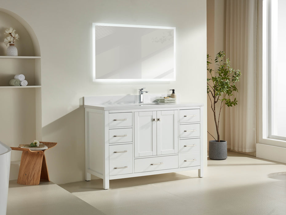 Rose- 54" White , Floor Standing Modern Bathroom Vanity, White Quartz Countertop