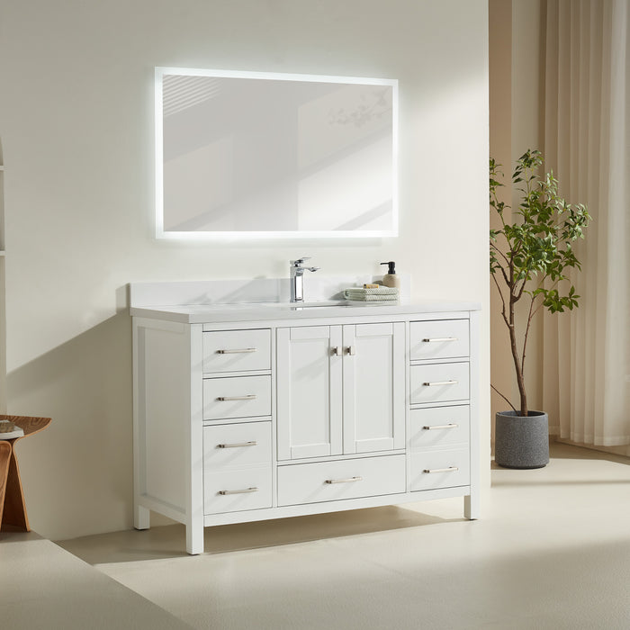 Rose- 54" White , Floor Standing Modern Bathroom Vanity, White Quartz Countertop