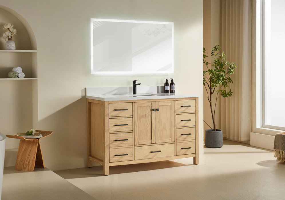 Rose- 54" White Oak , Floor Standing Modern Bathroom Vanity, White Quartz Countertop